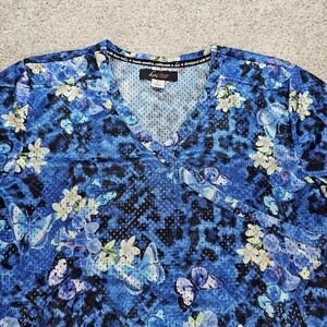 KOI Lite Scrub Top Performance Mesh Blue Floral Butterflies Women's Size Large